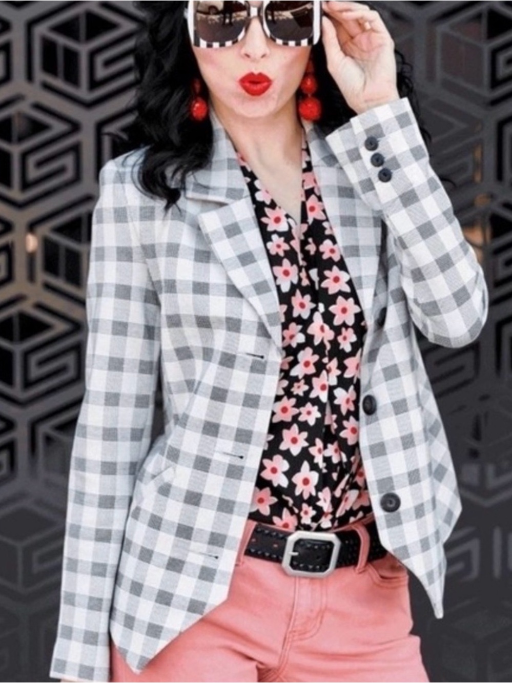 CAbi Valentina Blazer #5292 Gray Checked Blazer with Black Buttons